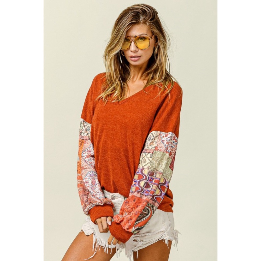 NEW! Bibi V Neck Rust Butter Soft Top w/Patchwork Sleeves! - Picture 1 of 10